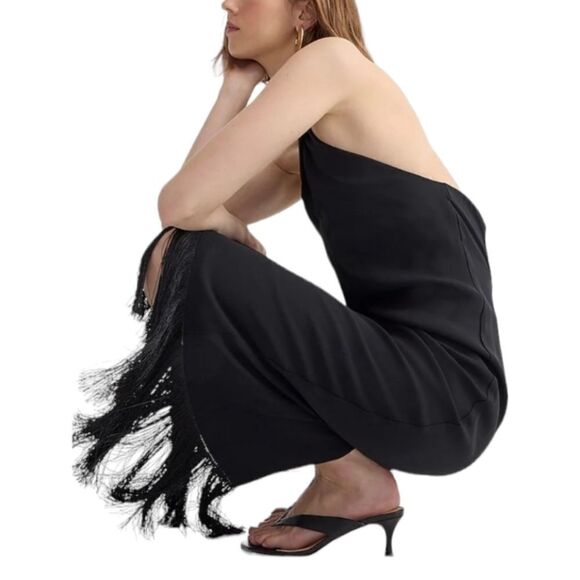 J. Crew Black Crepe Halter Midi Dress | Fringe Hem Cocktail Party Style NWT | 10 - Picture 2 of 15